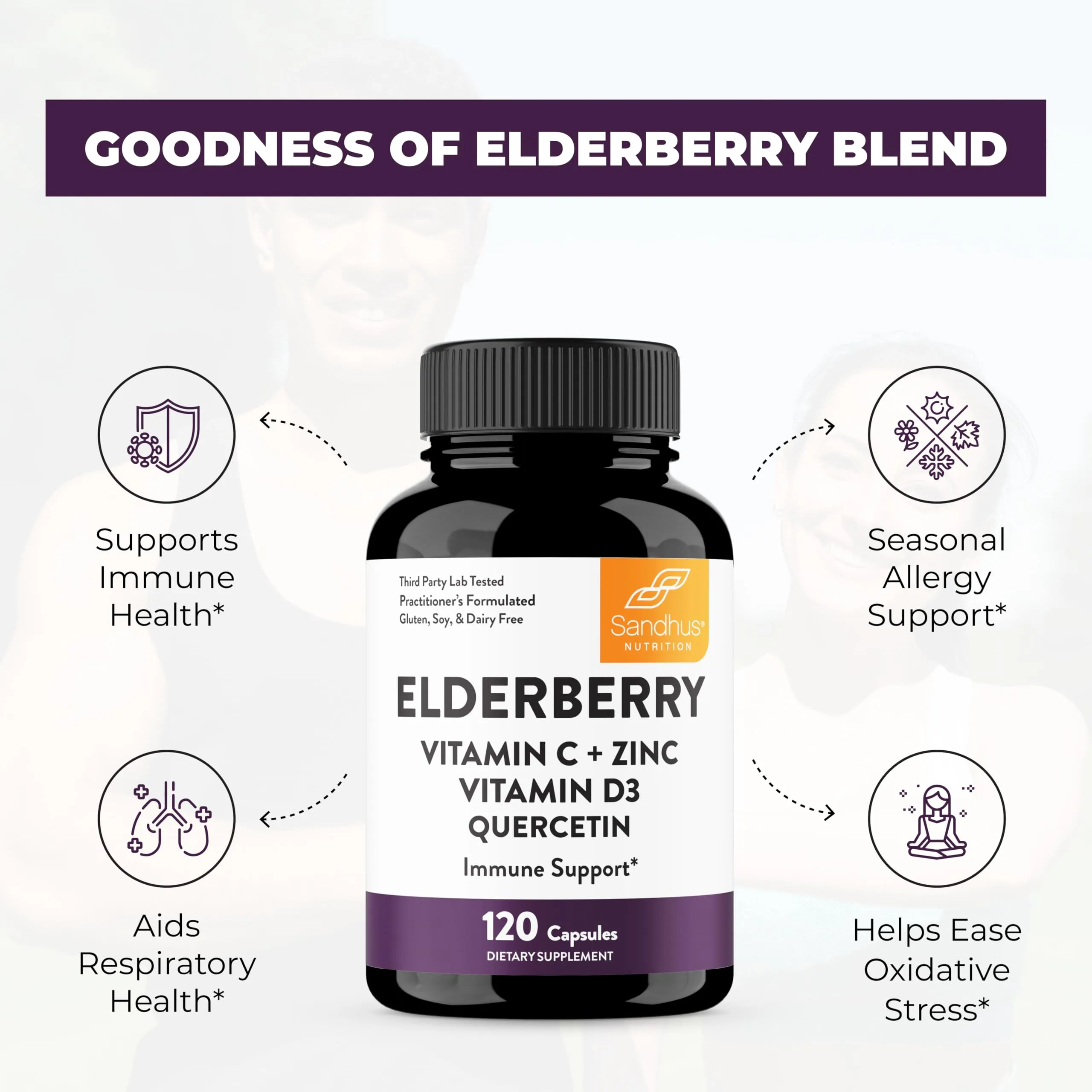 Elderberry Vitamin C and Zinc 120 Capsules | with Quercetin and Vitamin D3 | Immune Support for Adults | Zink Supplements for Men and Women | 2 Months Supply | Natural Immunity Booster