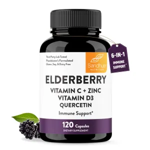 Elderberry Vitamin C and Zinc 120 Capsules | with Quercetin and Vitamin D3 | Immune Support for Adults | Zink Supplements for Men and Women | 2 Months Supply | Natural Immunity Booster