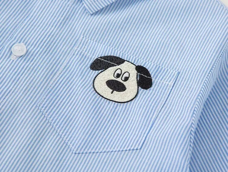 Playful Puppy Embroidered Striped Shirt